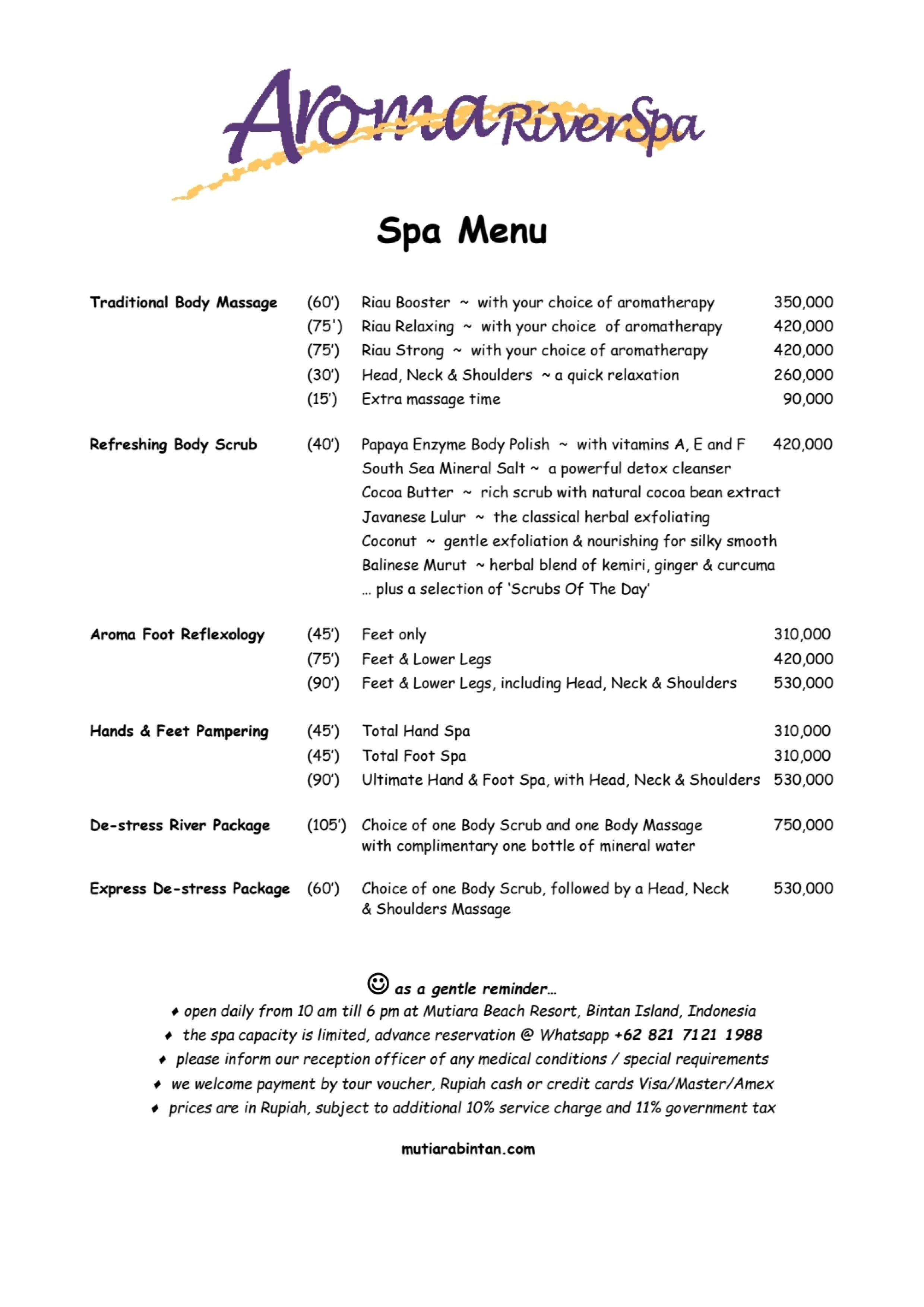 Bintan Spa Resort - Mutiara Beach Resort Treatments Menu